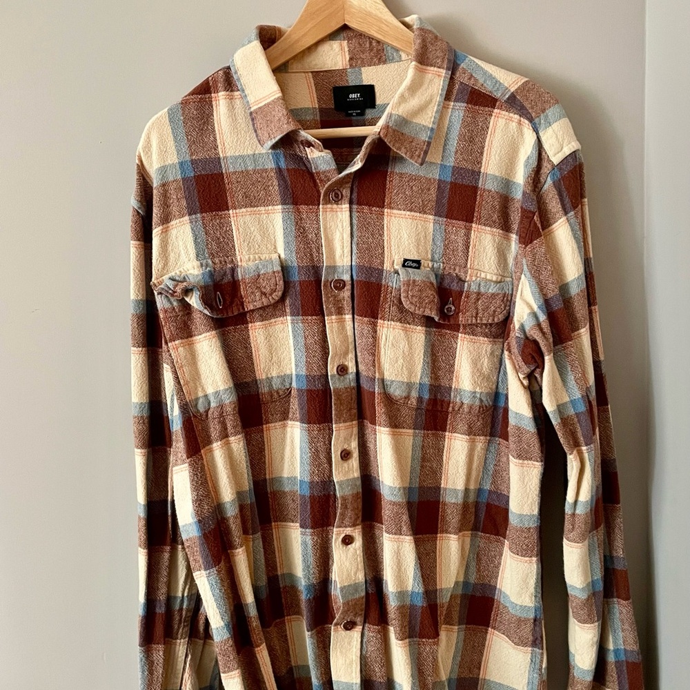 Obey Men's Casual Plaid Shirt in Cream, Brown, and Blue